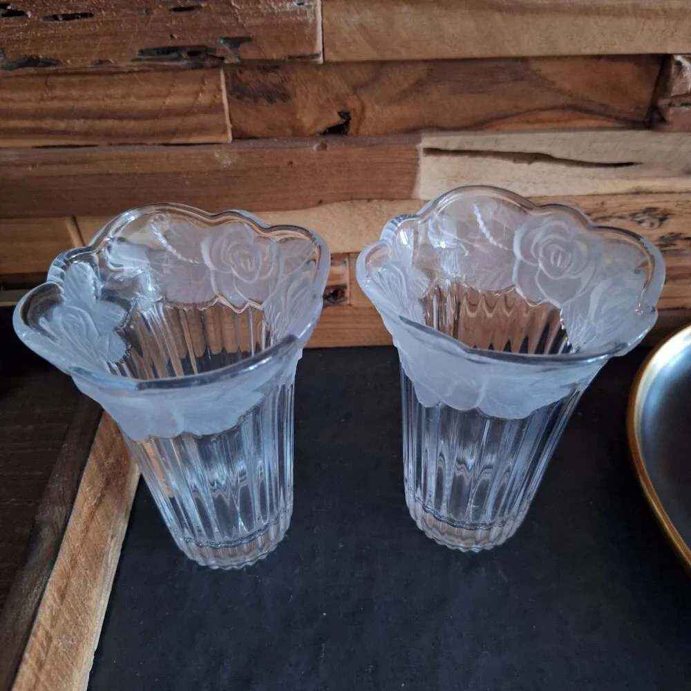 Studio Nova‎ Japan Etched Crystal Pair Floral Vase Set Of 2 Matching Vintage